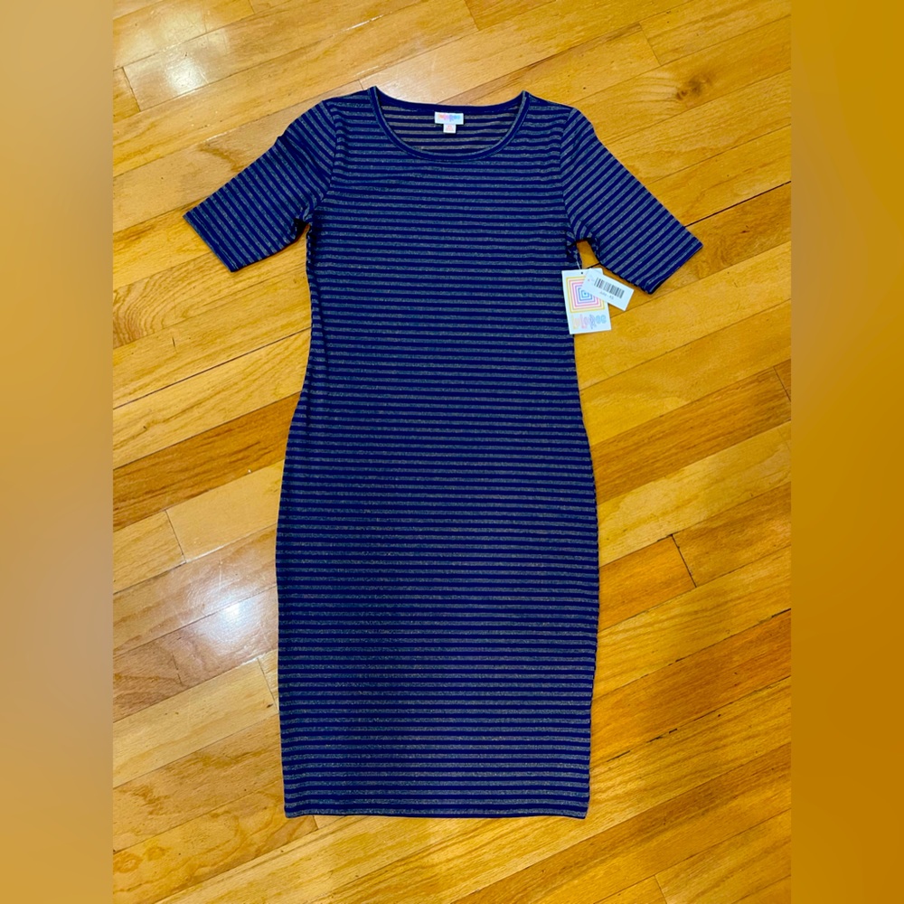 LuLaRoe Julia Dress XS Navy Gold Metallic Stripe NWT